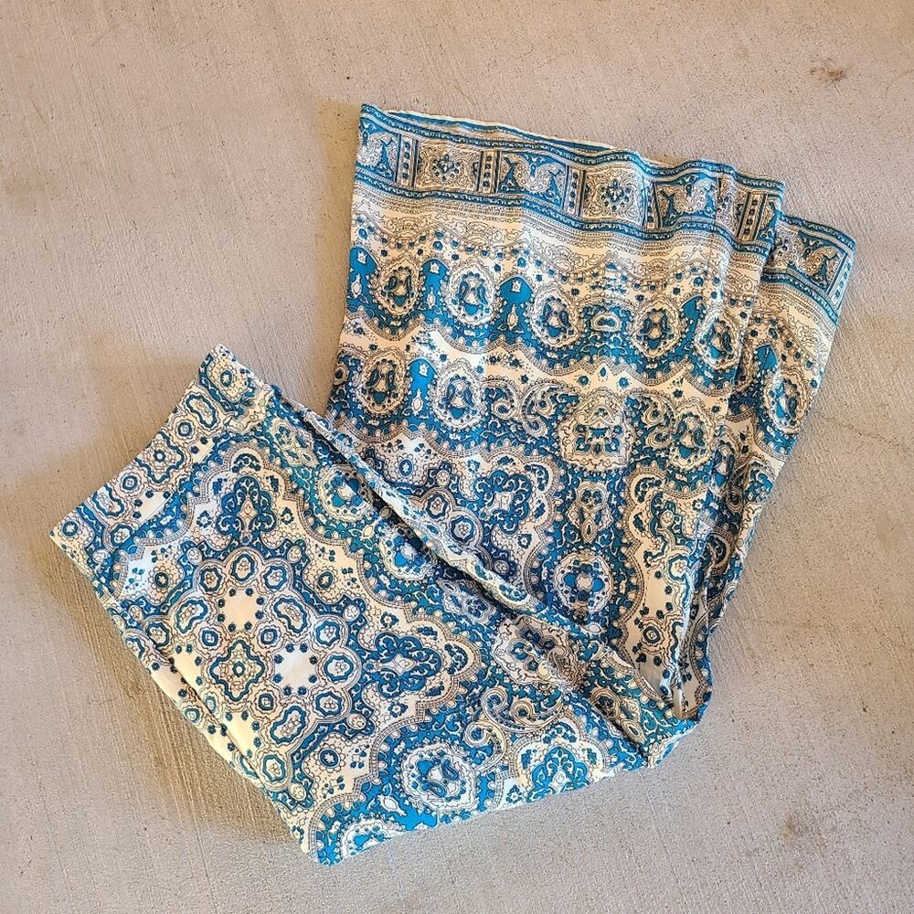 Anthropologie Paisley Pant Talese Crop Flared Boho Blue 10 Feather Bone Cottage - Picture 2 of 4